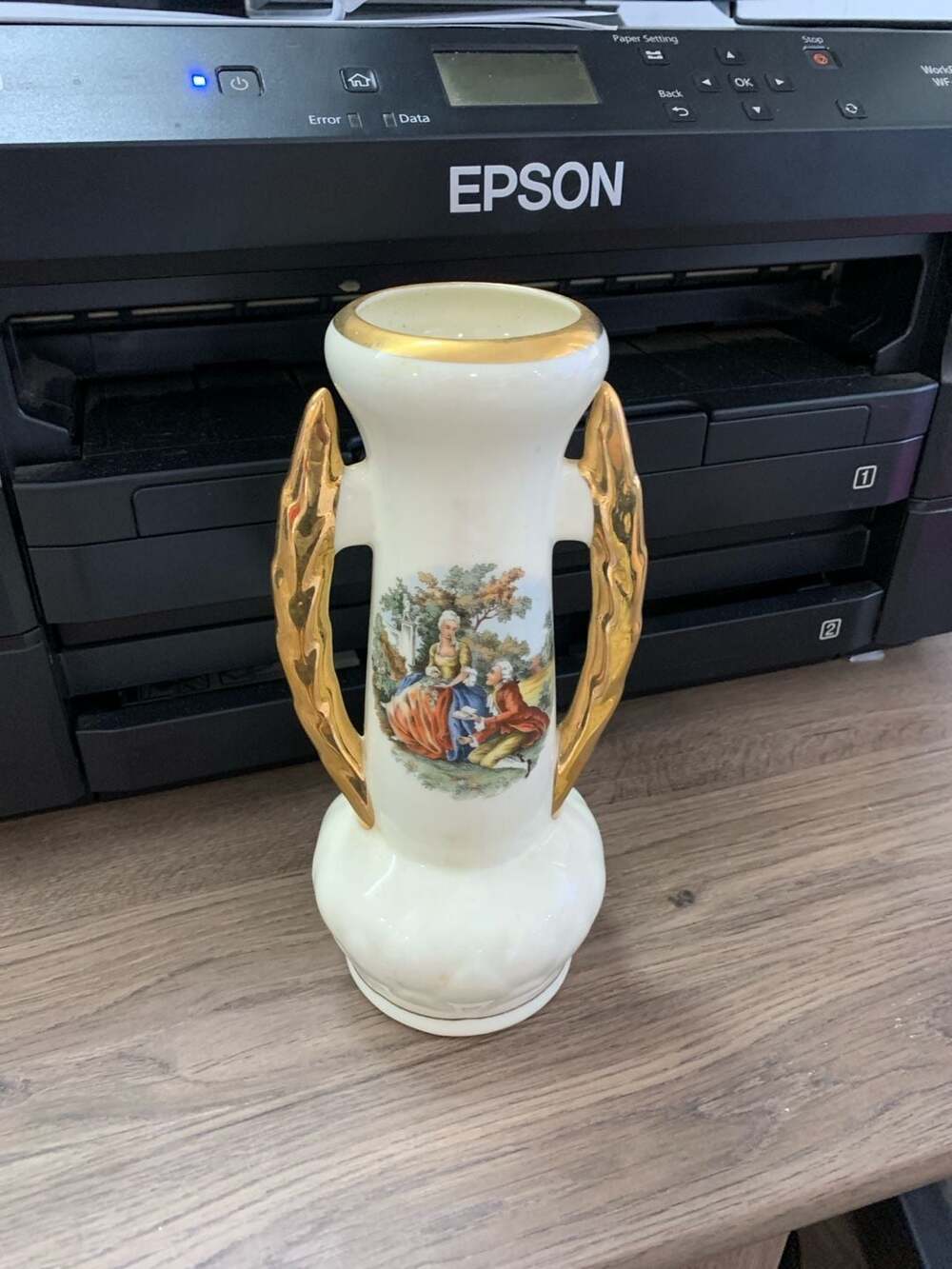 Vintage Abingdon Pottery Victorian Courting Couple Vase with Gold Leaf Handles